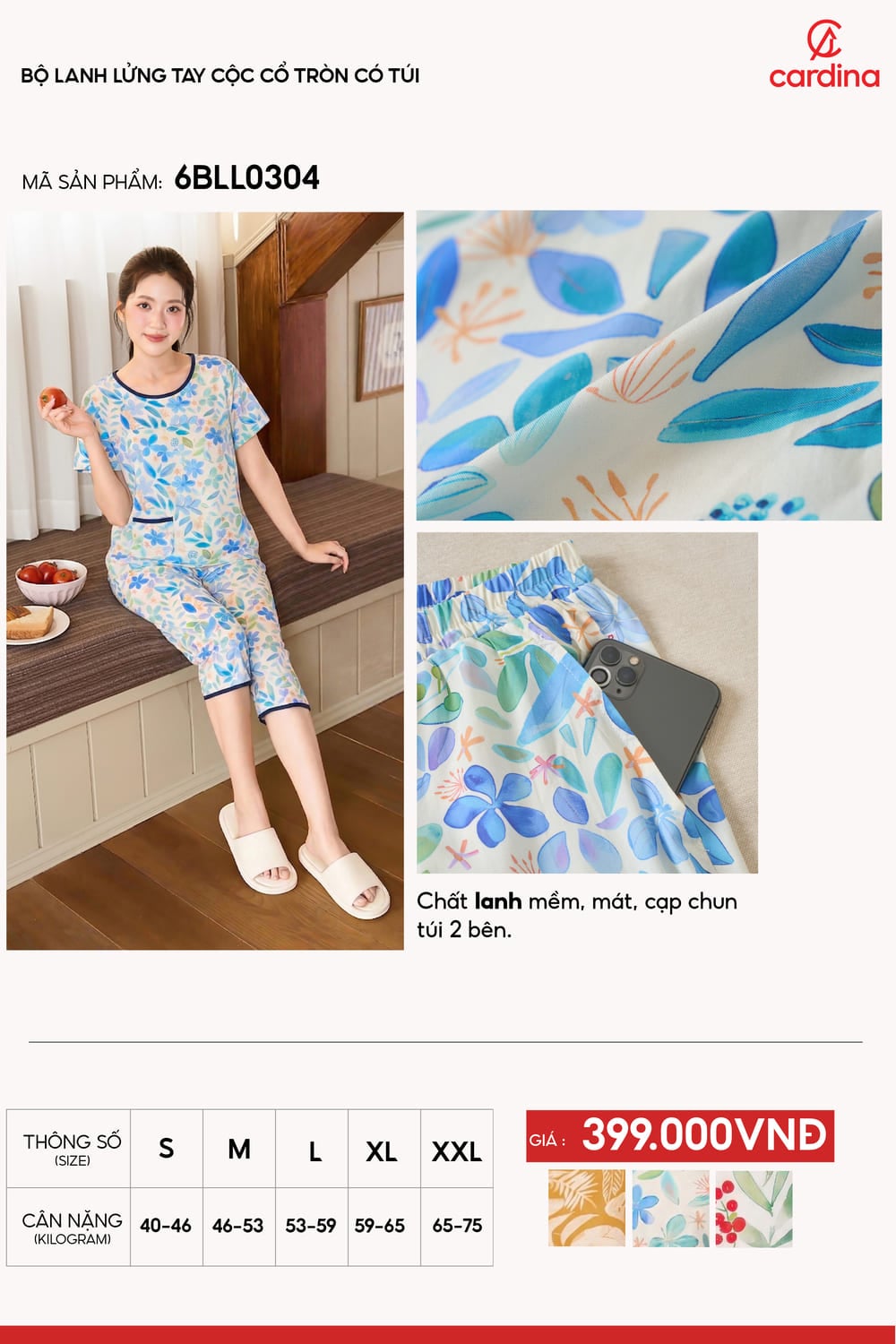 Bộ đồ lanh lửng nữ tay cộc cổ tròn họa tiết lá