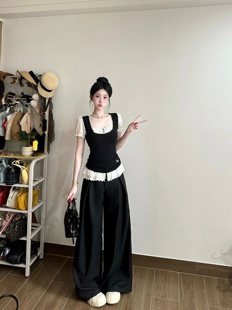 phối đồ với quần ống rộng mùa hè