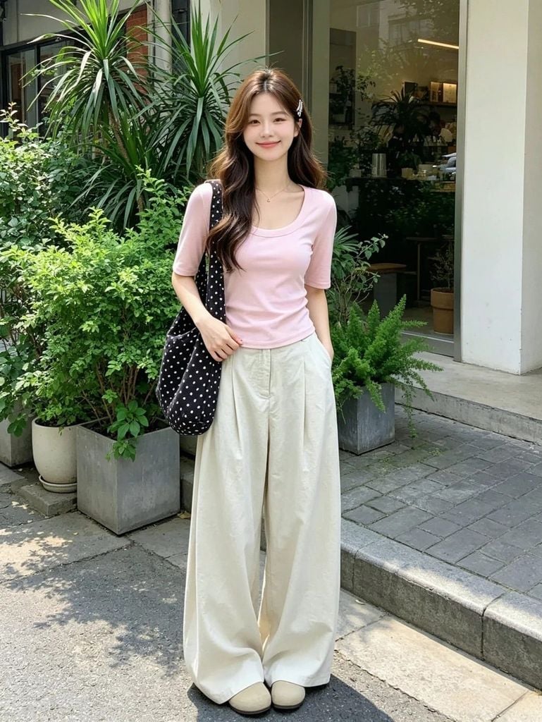 phối đồ với quần ống rộng mùa hè