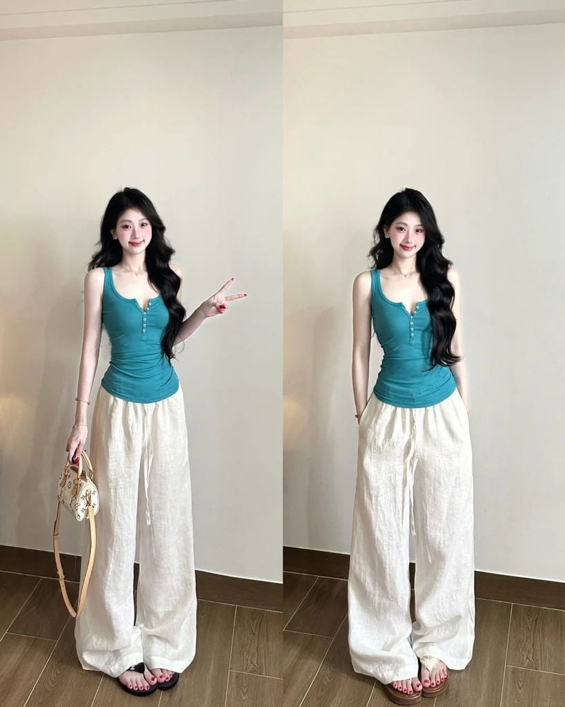 phối đồ với quần ống rộng mùa hè