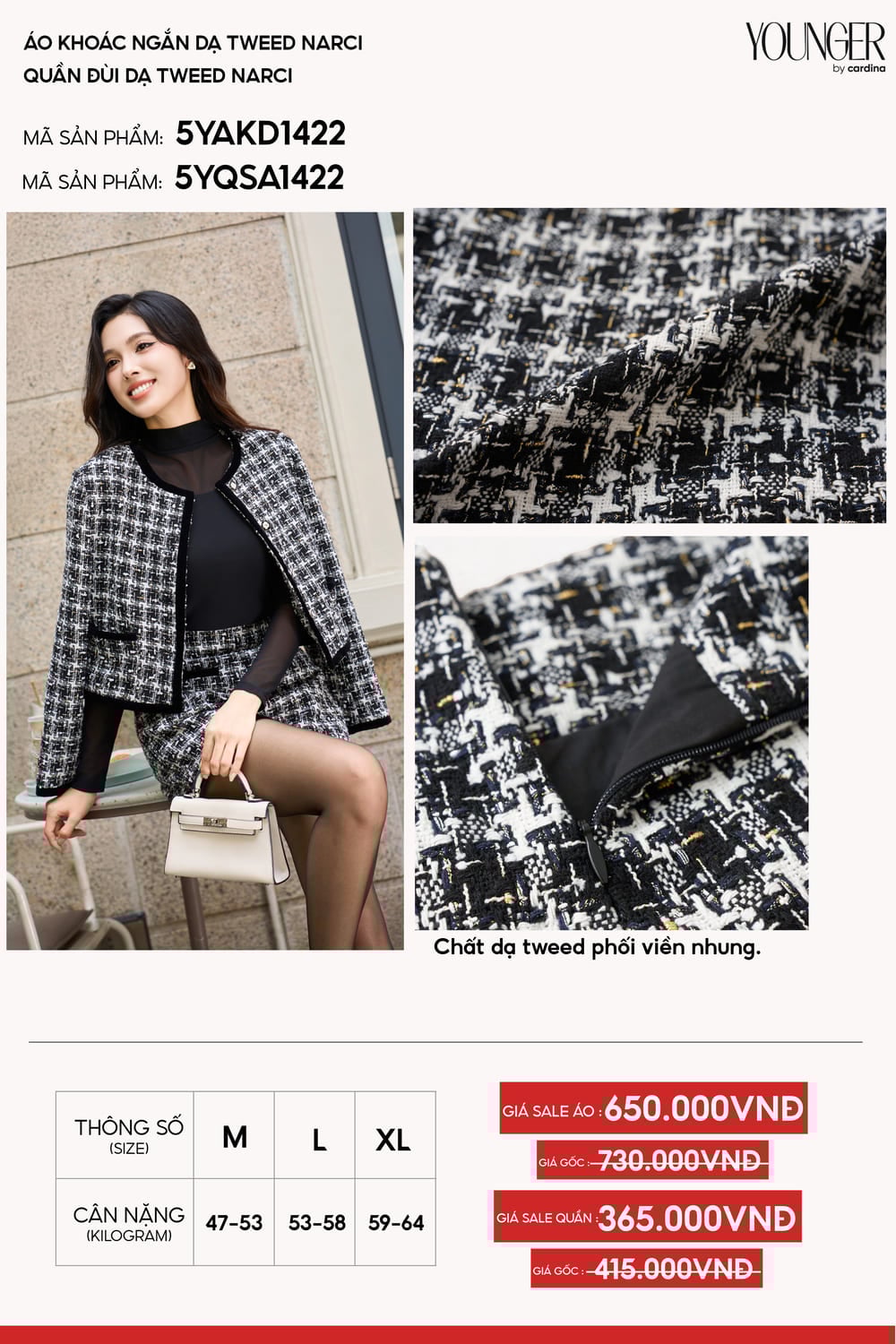 Quần sooc nữ dạ Tweed Narci dáng A khóa kéo sườn