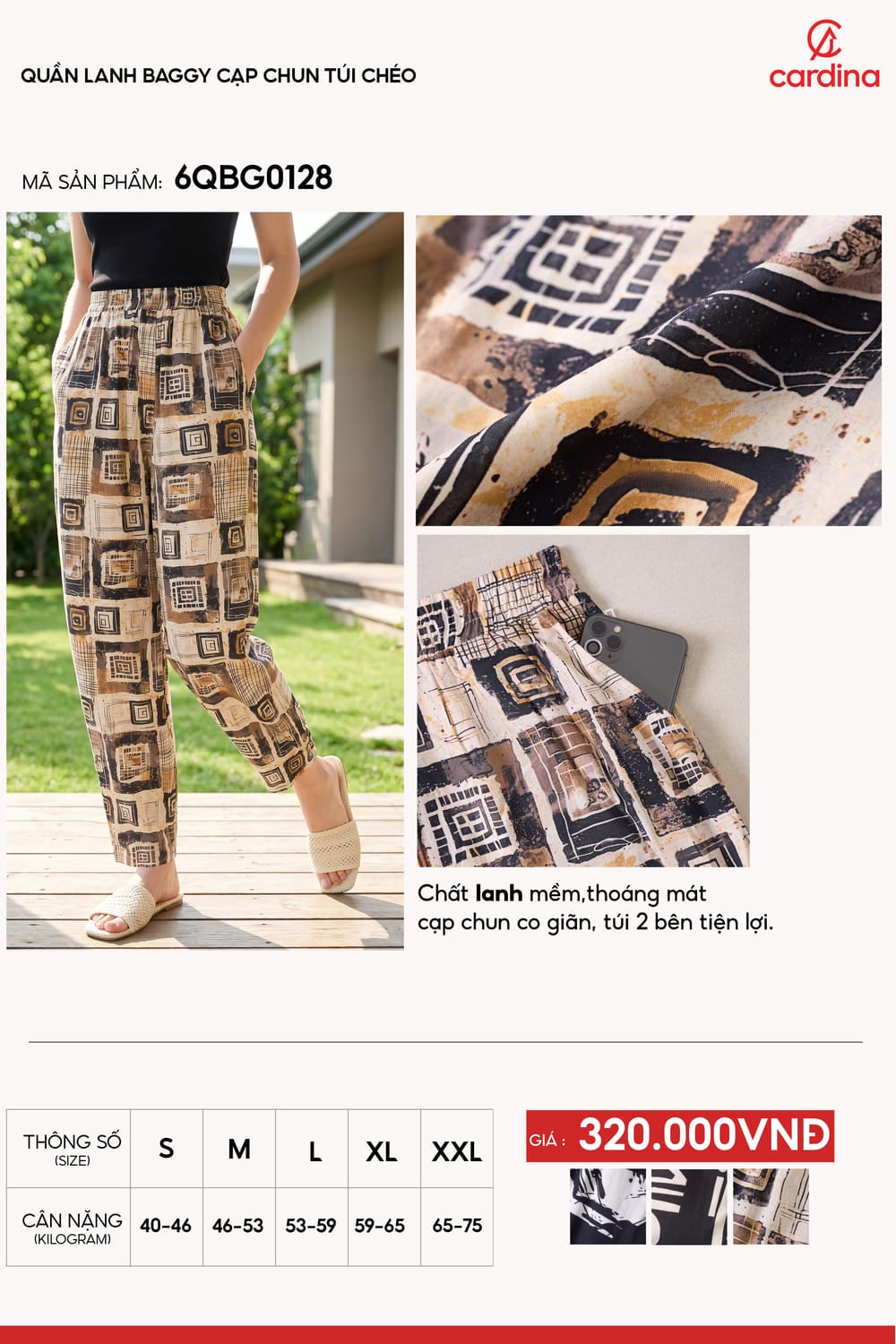 Quần lanh baggy cạp chun túi chéo họa tiết thổ cẩm