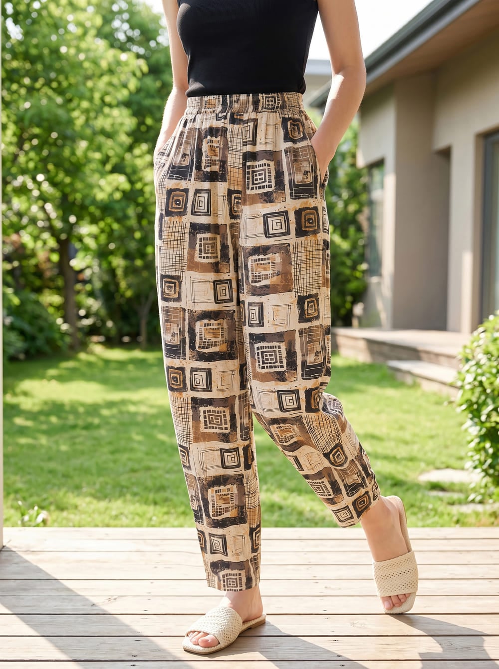 Quần lanh baggy cạp chun túi chéo họa tiết thổ cẩm