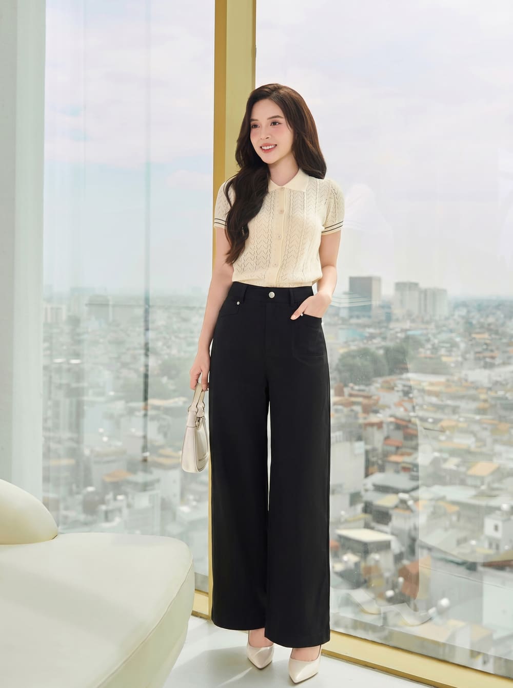 Quần chéo cạp cao ống suông túi ốp trước