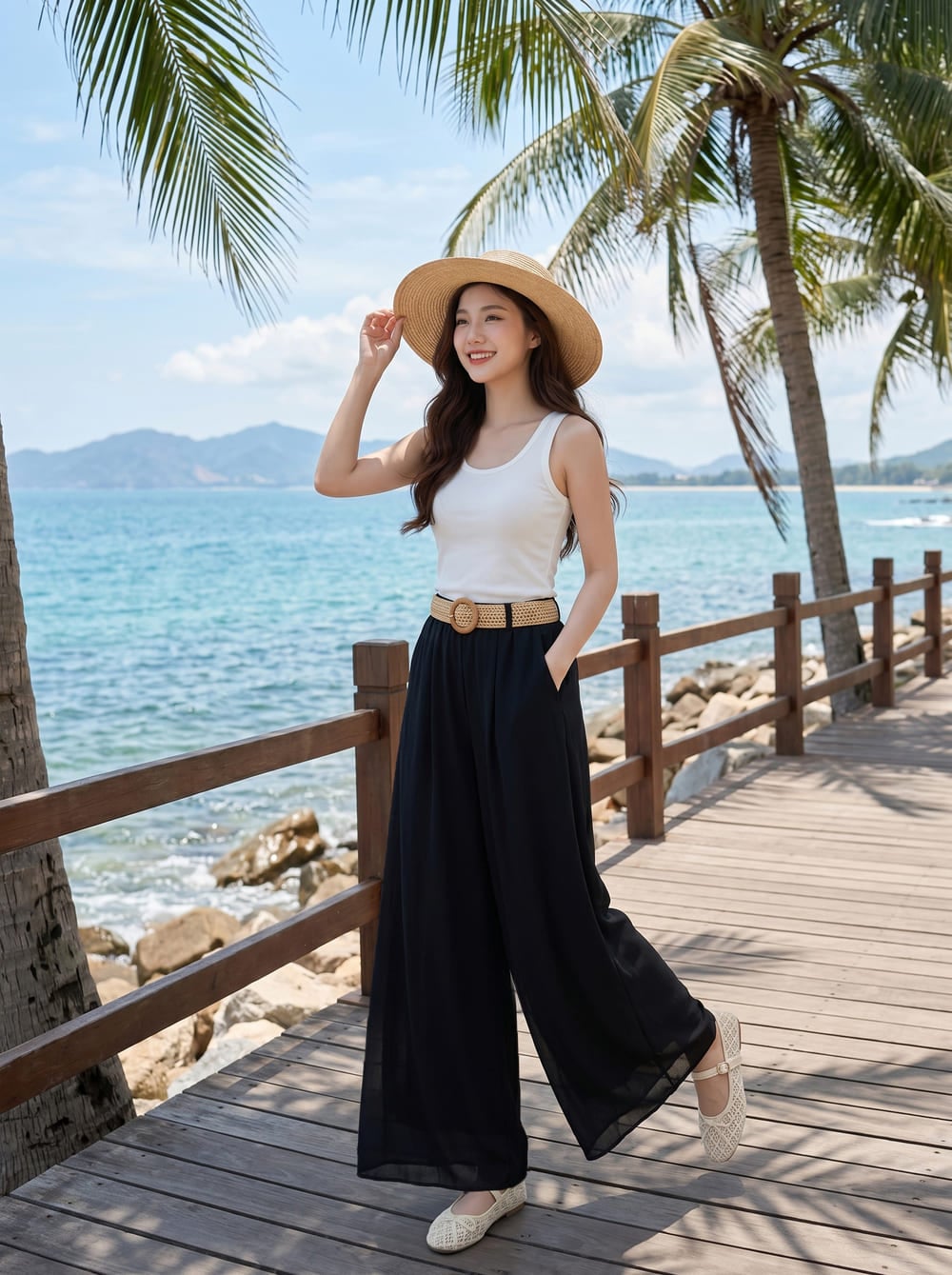Quần ống rộng cạp chun phối đai