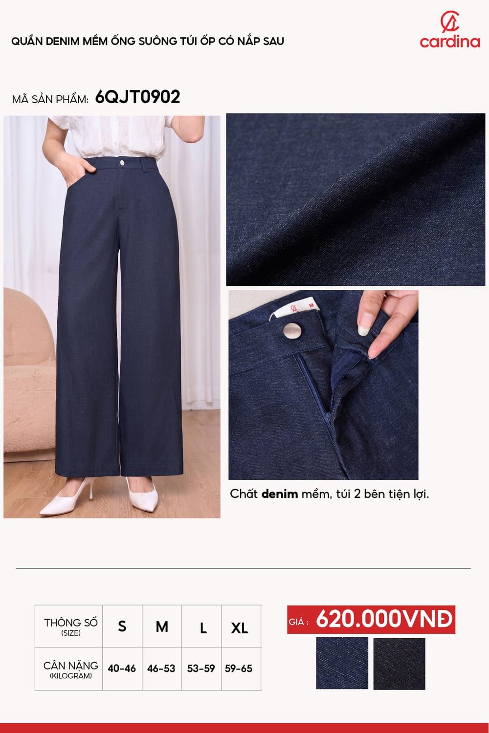 Quần denim mềm ống suông cạp to túi ốp sau có nắp