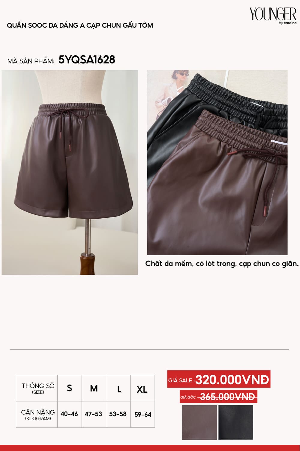 Quần sooc nữ da mềm dáng chữ A cạp chun gấu tôm