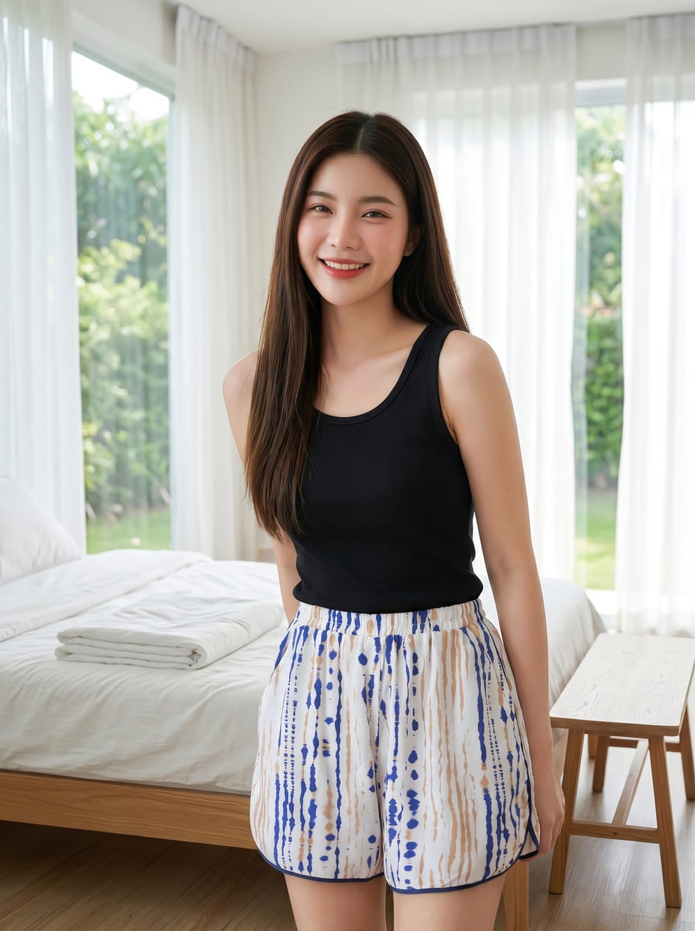 Quần đùi lanh dáng A phối viền gấu tôm