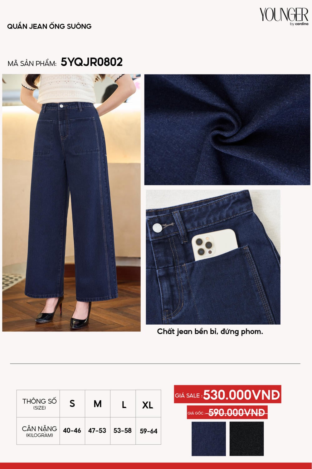 Quần jean nữ vải denim dáng ống suông túi ốp thời thượng