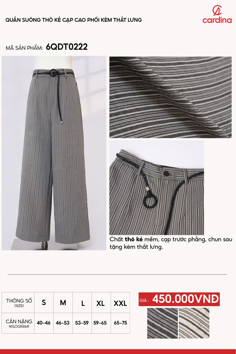 Quần suông thô kẻ cạp cao phối kèm thắt lưng