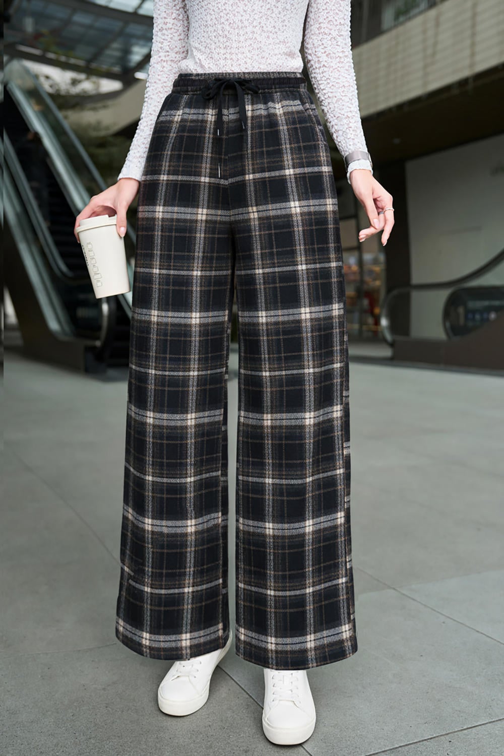 Quần dài nữ chất dạ kẻ mềm dáng suông cạp chun dây rút