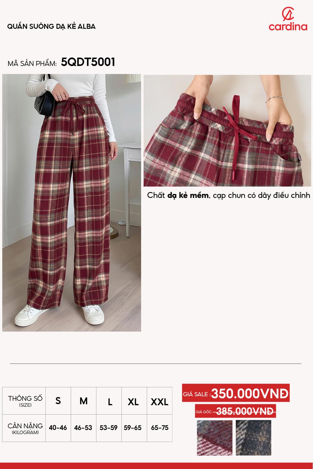 Quần dài nữ chất dạ kẻ mềm dáng suông cạp chun dây rút