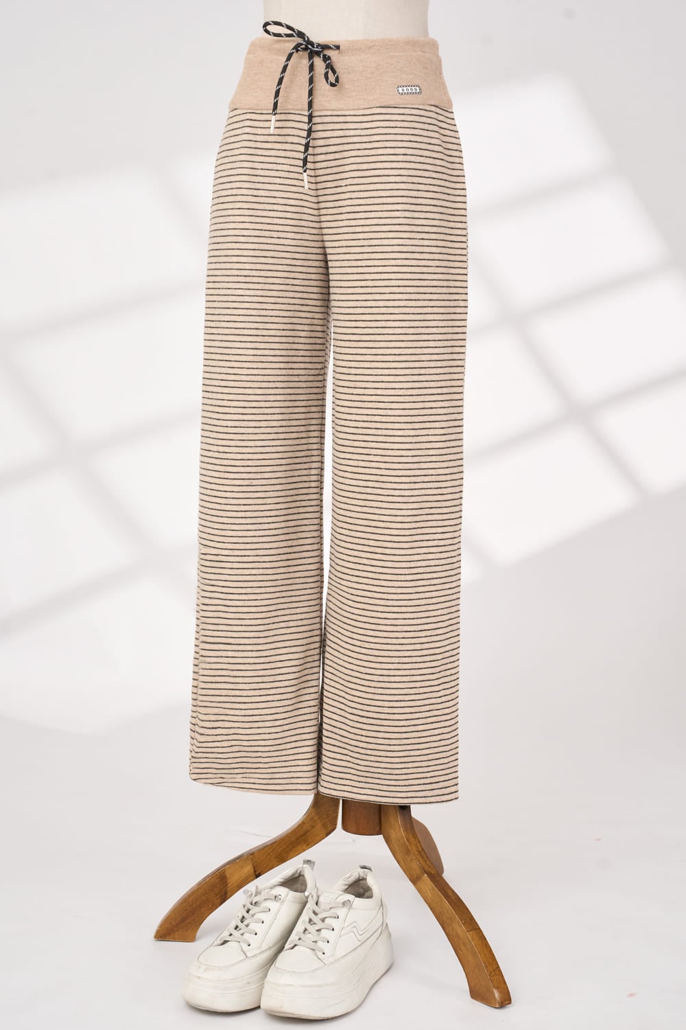 Quần suông cạp phối hông vải Nỉ kẻ ngang ấm áp cạp chun có dây điều chỉnh