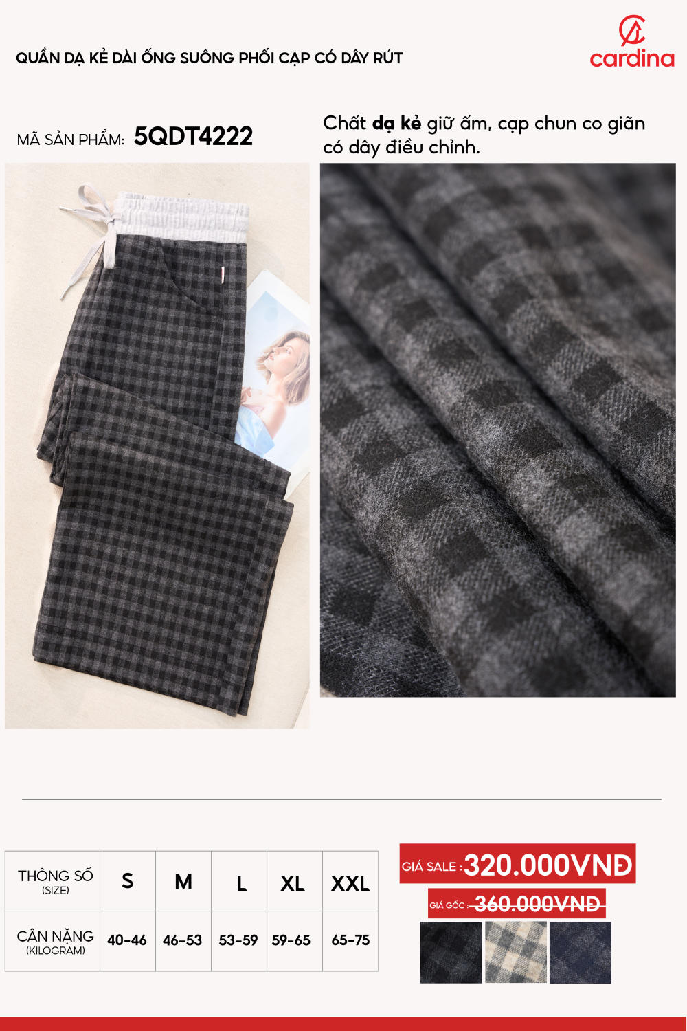 Quần dài nữ vải dạ kẻ dáng suông cạp chun dây rút