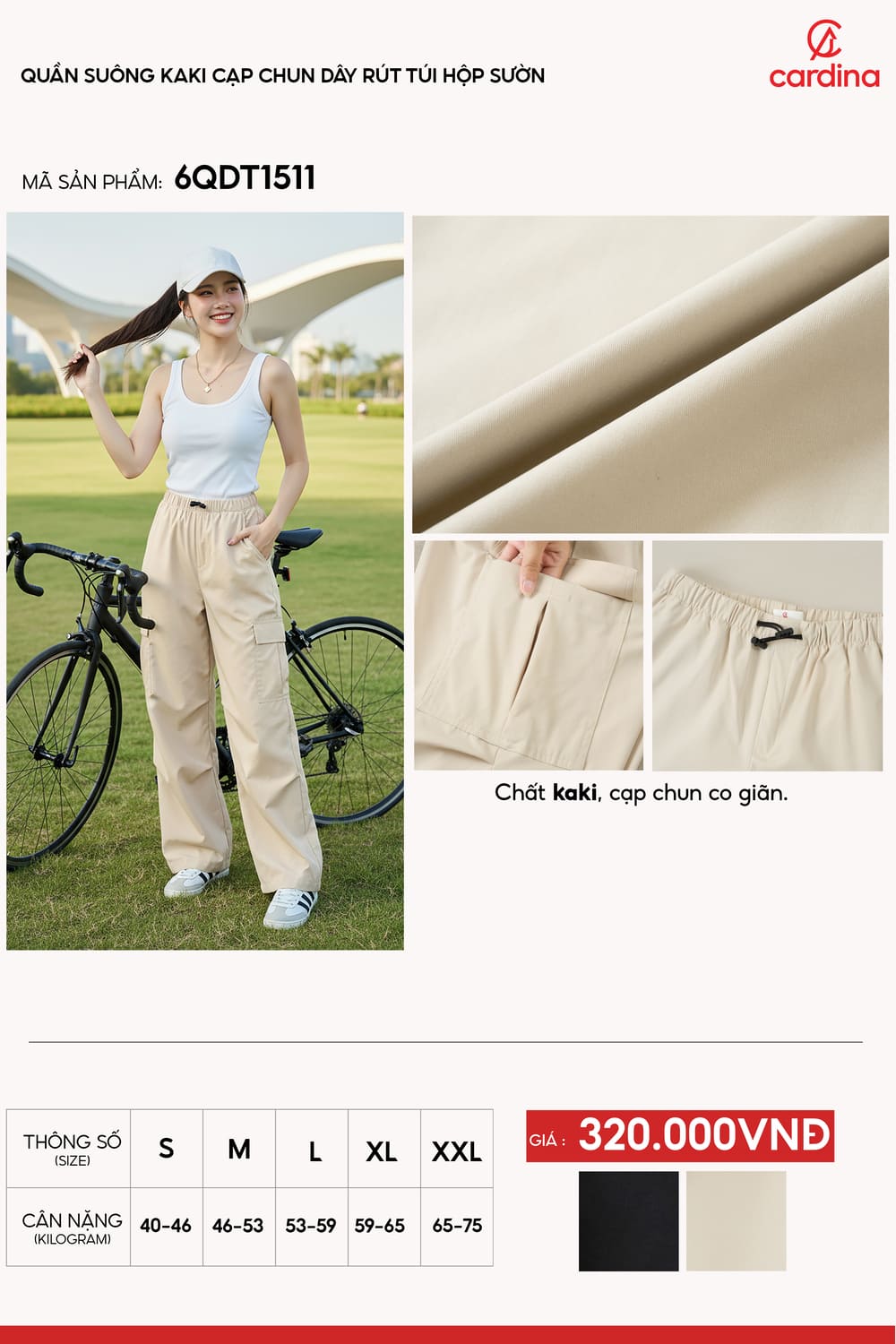 Quần suông nữ kaki cạp chun dây rút túi hộp sườn