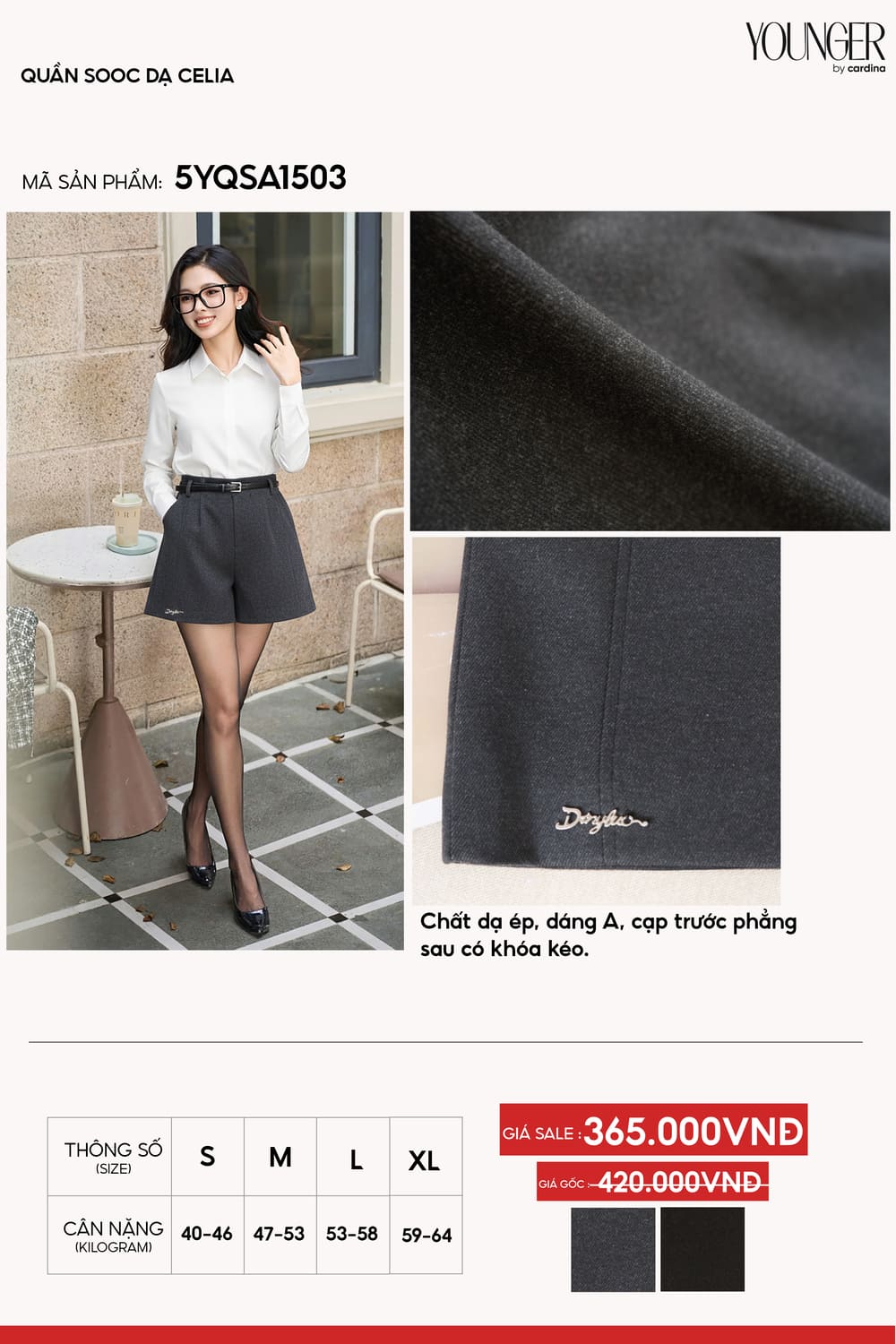 Quần short Younger Dòng Celia Vải Dạ ép ngắn dáng chữ A cạp phẳng