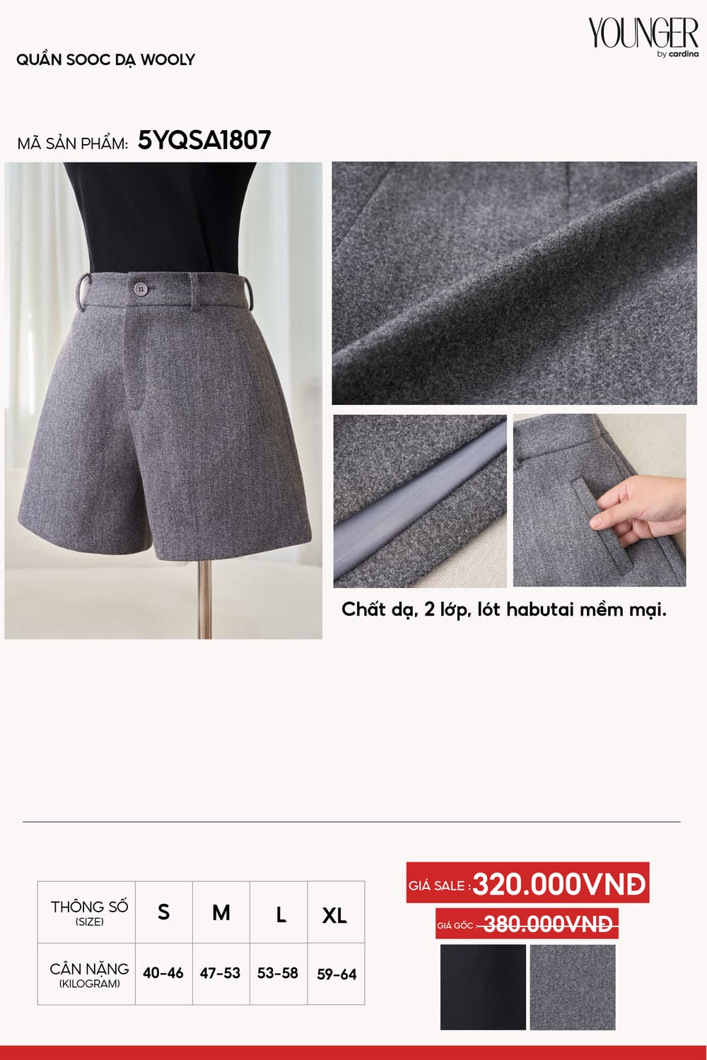 Quần sooc nữ dạ Wooly dáng suông 2 lớp lót Habutai