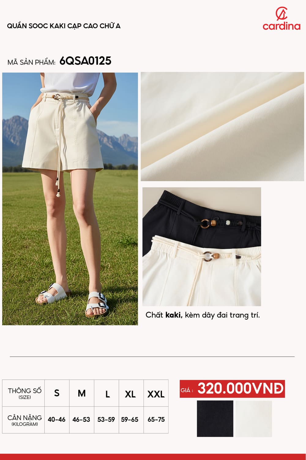 Quần sooc nữ vải kaki cạp cao dáng chữ A kèm dây đai trang trí.