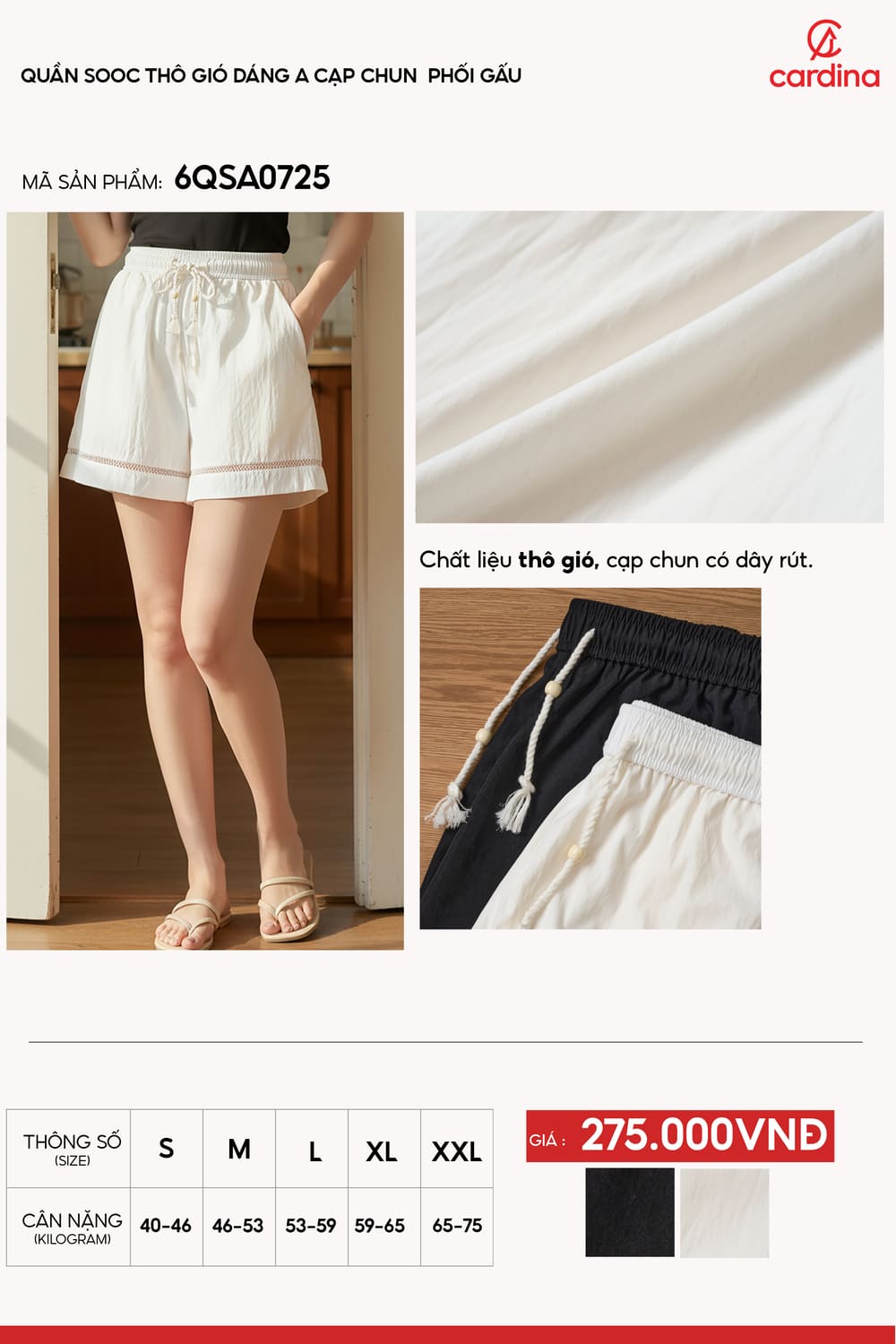 Quần sooc nữ thô gió dáng A cạp chun phối gấu