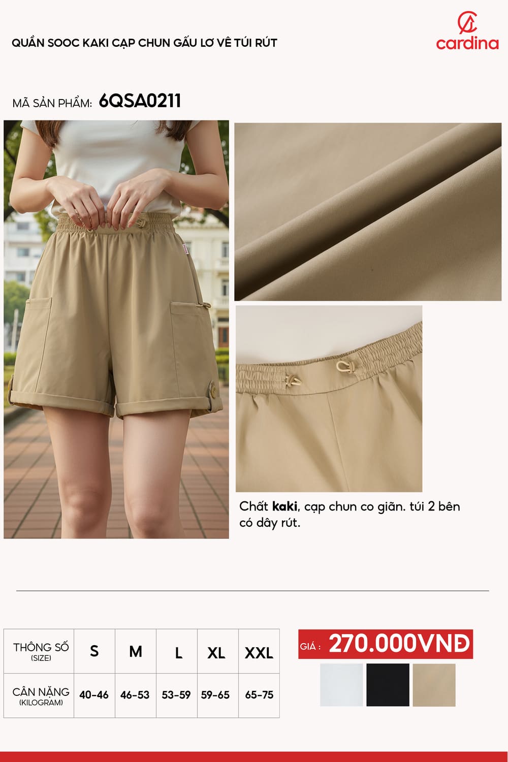 Quần sooc kaki cạp chun gấu lơ vê thiết kế túi rút cá tính