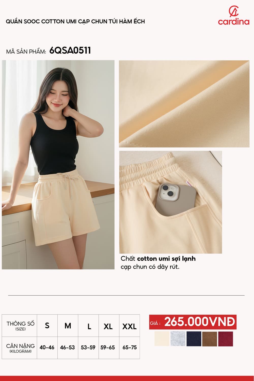 Quần sooc nữ cotton umi cạp chun phối túi hàm ếch