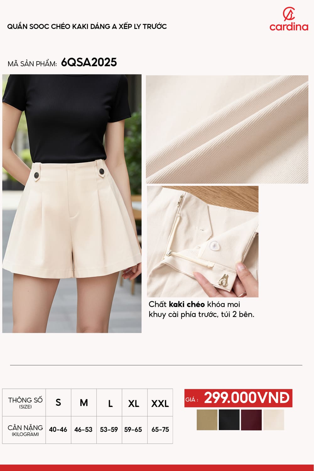 Quần sooc chéo kaki dáng A xếp ly trước.
