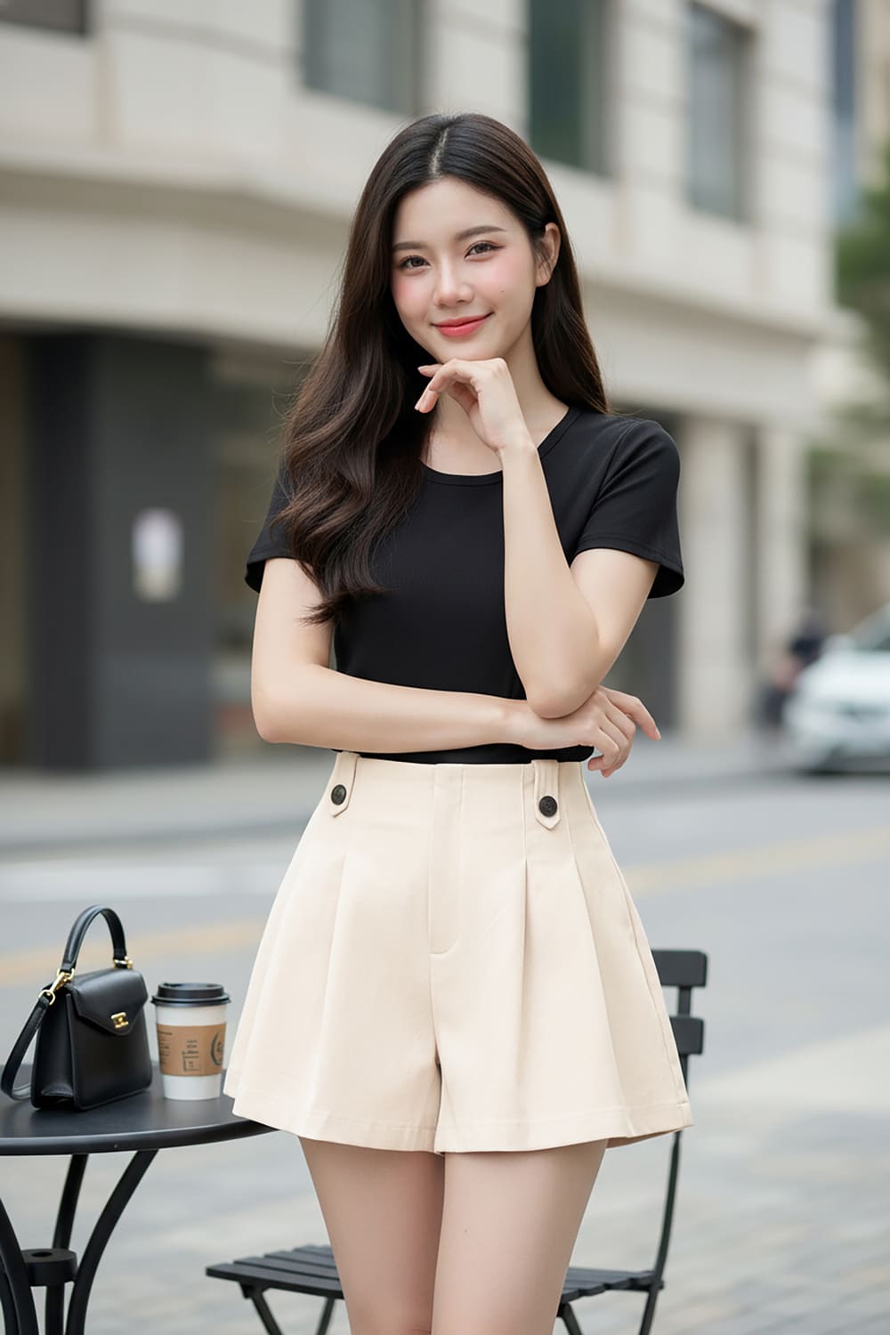 Quần sooc chéo kaki dáng A xếp ly trước.