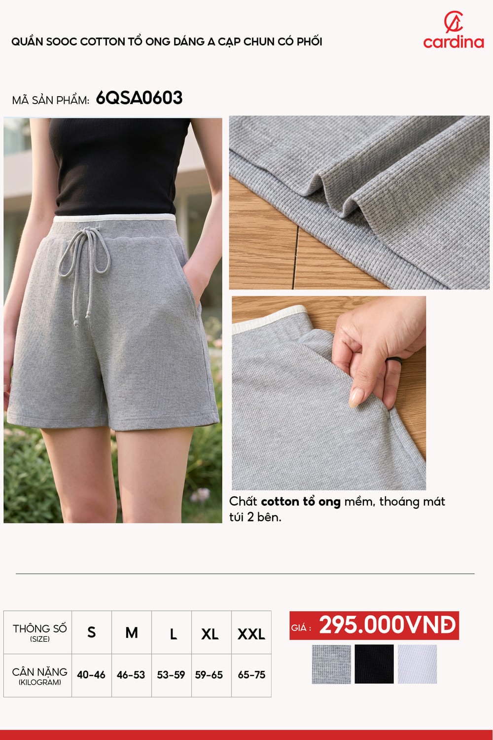 Quần sooc cotton tổ ong dáng A cạp chun có phối