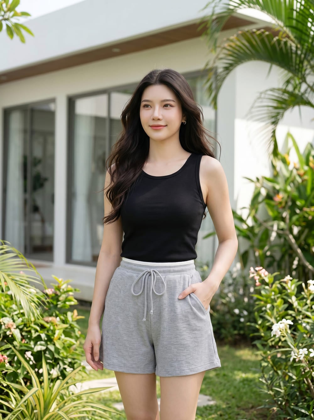 Quần sooc cotton tổ ong dáng A cạp chun có phối
