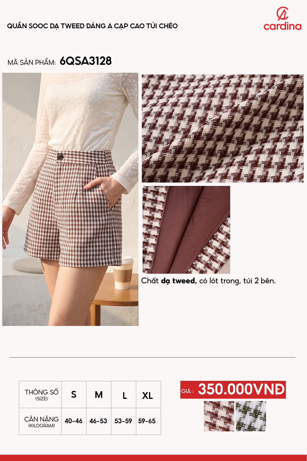 Quần sooc dạ tweed dáng A cạp cao túi chéo