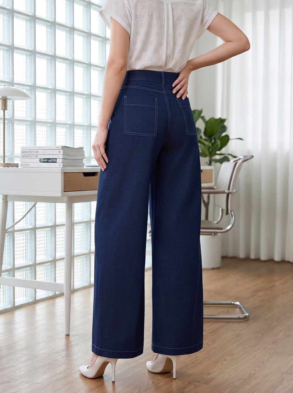 Quần suông dài denim chần chỉ