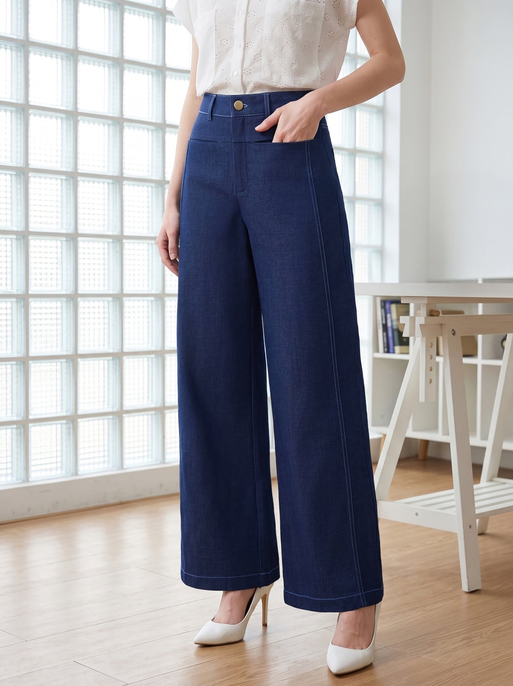 Quần suông dài denim chần chỉ
