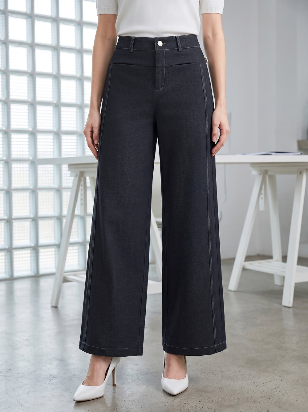 Quần suông dài denim chần chỉ