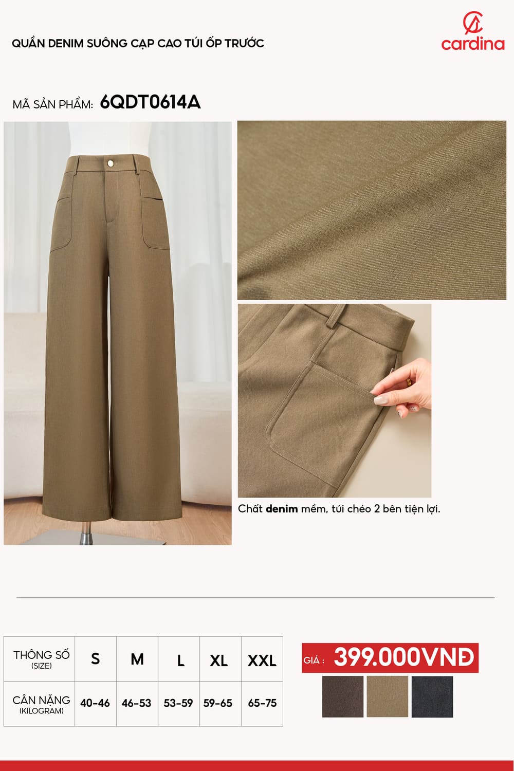 Quần denim mềm dáng suông cạp cao túi ốp trước hiện đại