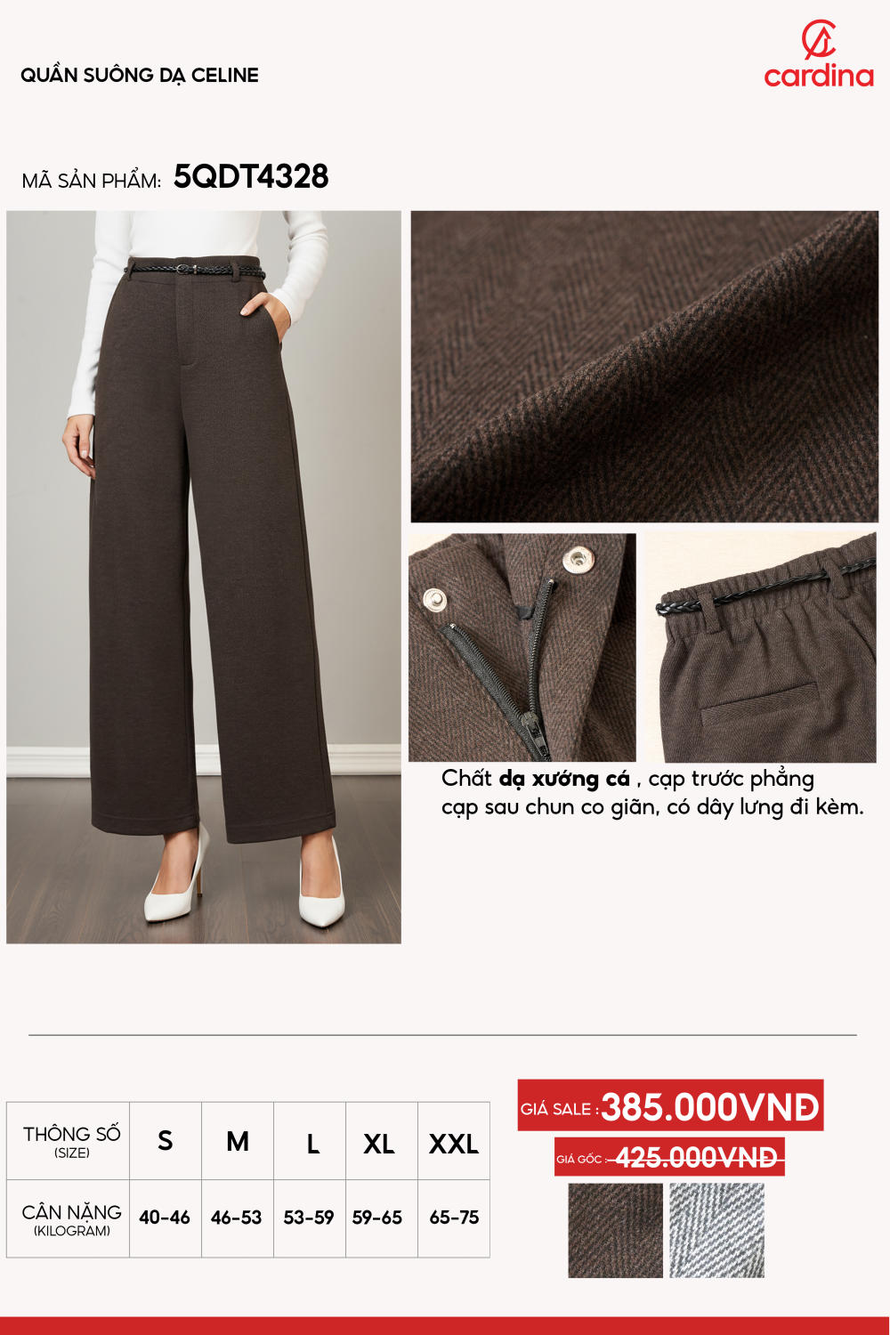 Quần suông dạ Celine chất dạ xương cá cạp sau chun kèm dây lưng