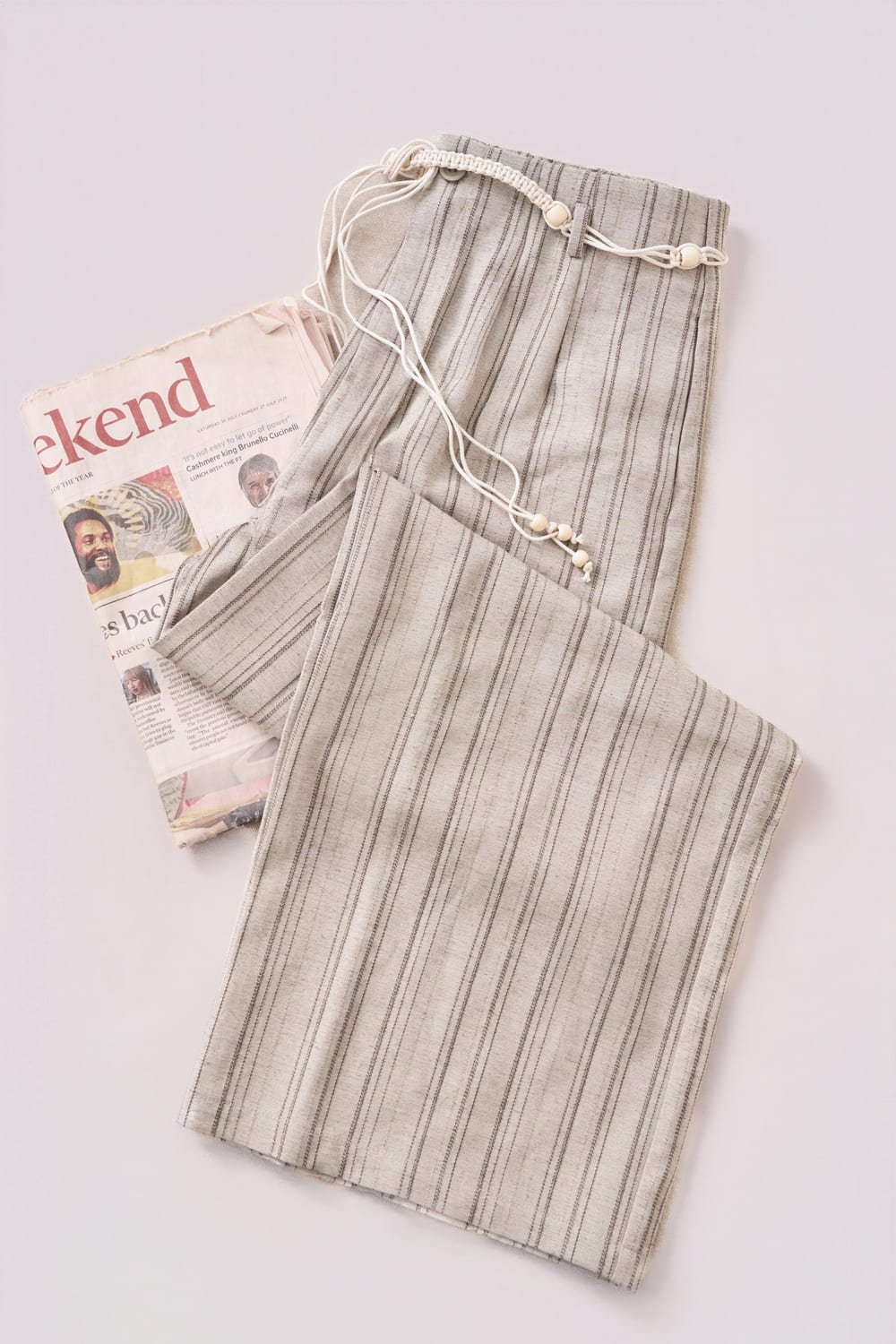 Quần dài thô kẻ dáng suông cạp liền dây đai