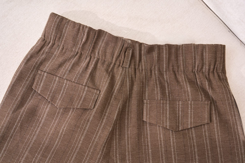 Quần dài thô kẻ dáng suông cạp liền dây đai