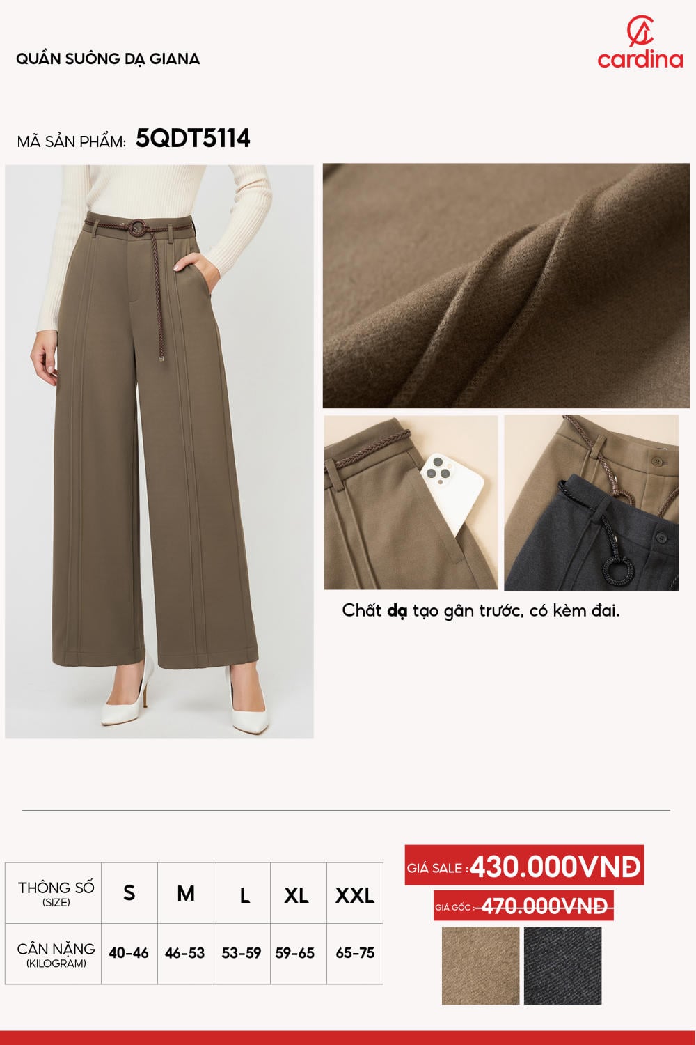 Quần suông dạ Giana thiết kế tạo gân trước kèm đai thắt