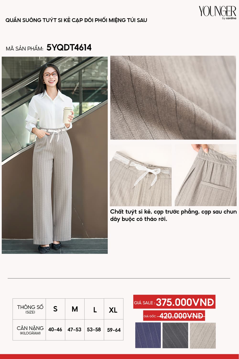 Quần suông nữ Cardina dòng Công Sở vải Tuyết Si Kẻ sọc cạp chun dây rút
