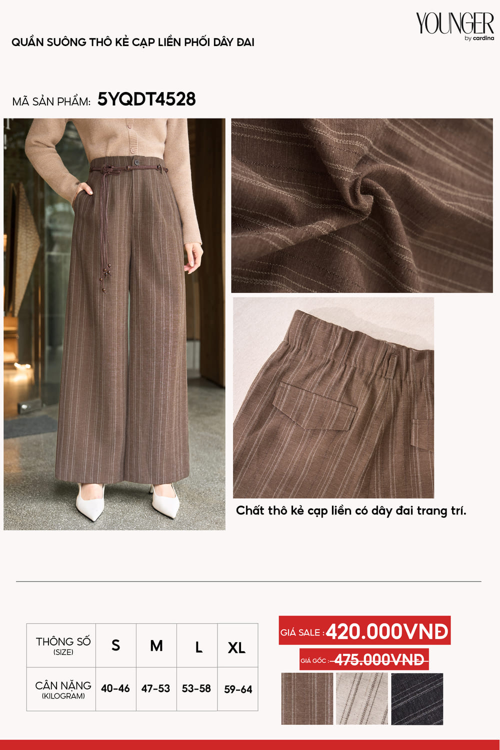 Quần dài thô kẻ dáng suông cạp liền dây đai