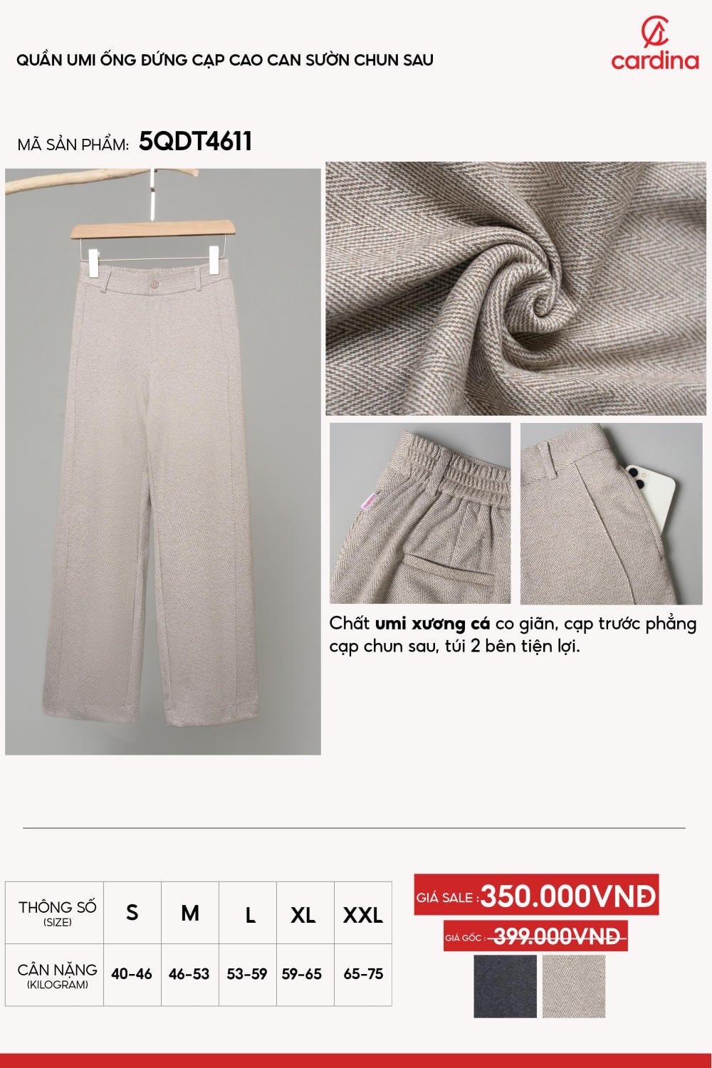 Quần Umi ống đứng họa tiết xương cá cạp cao tôn dáng