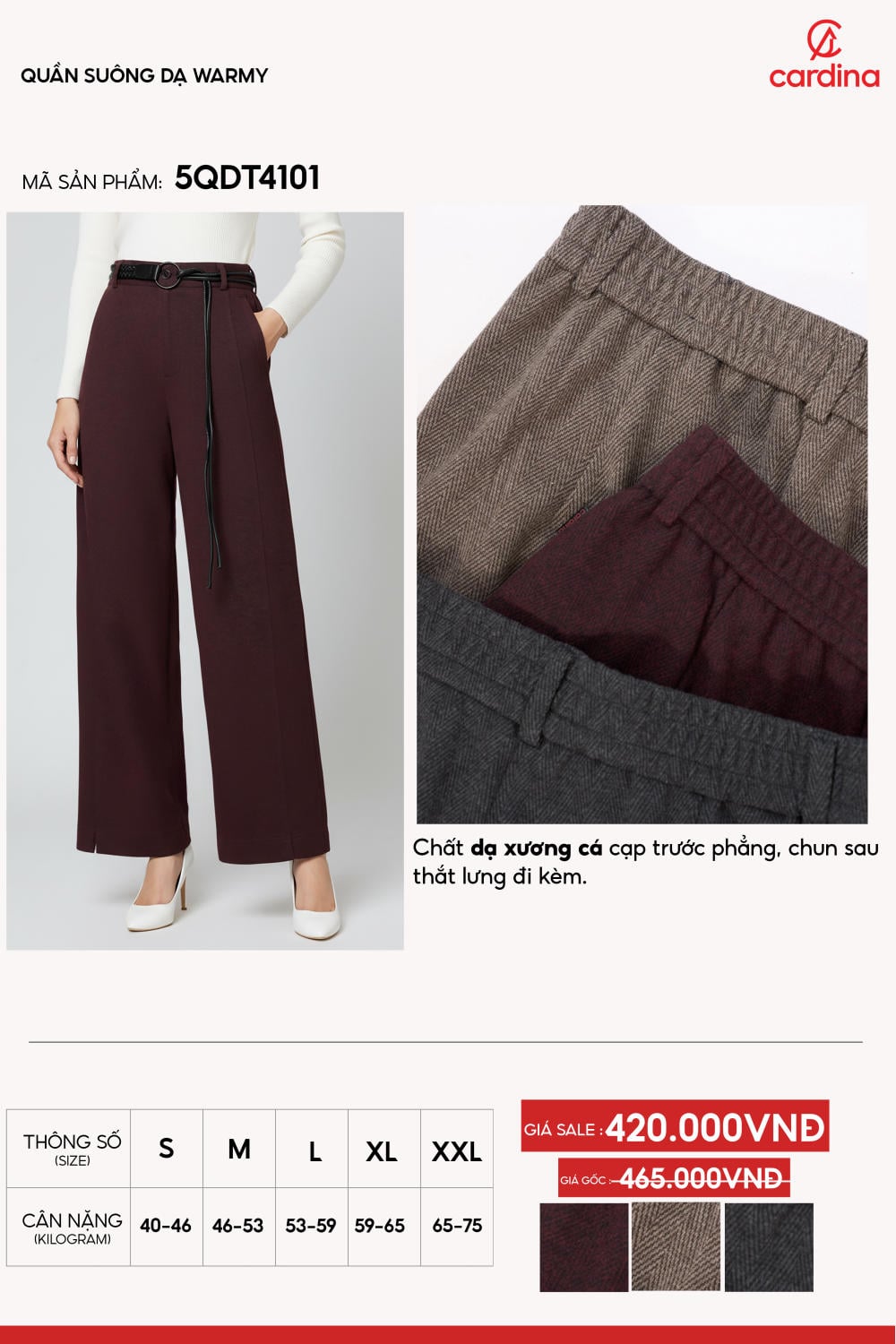 Quần suông dạ xương cá cạp cao kèm thắt lưng thanh lịch