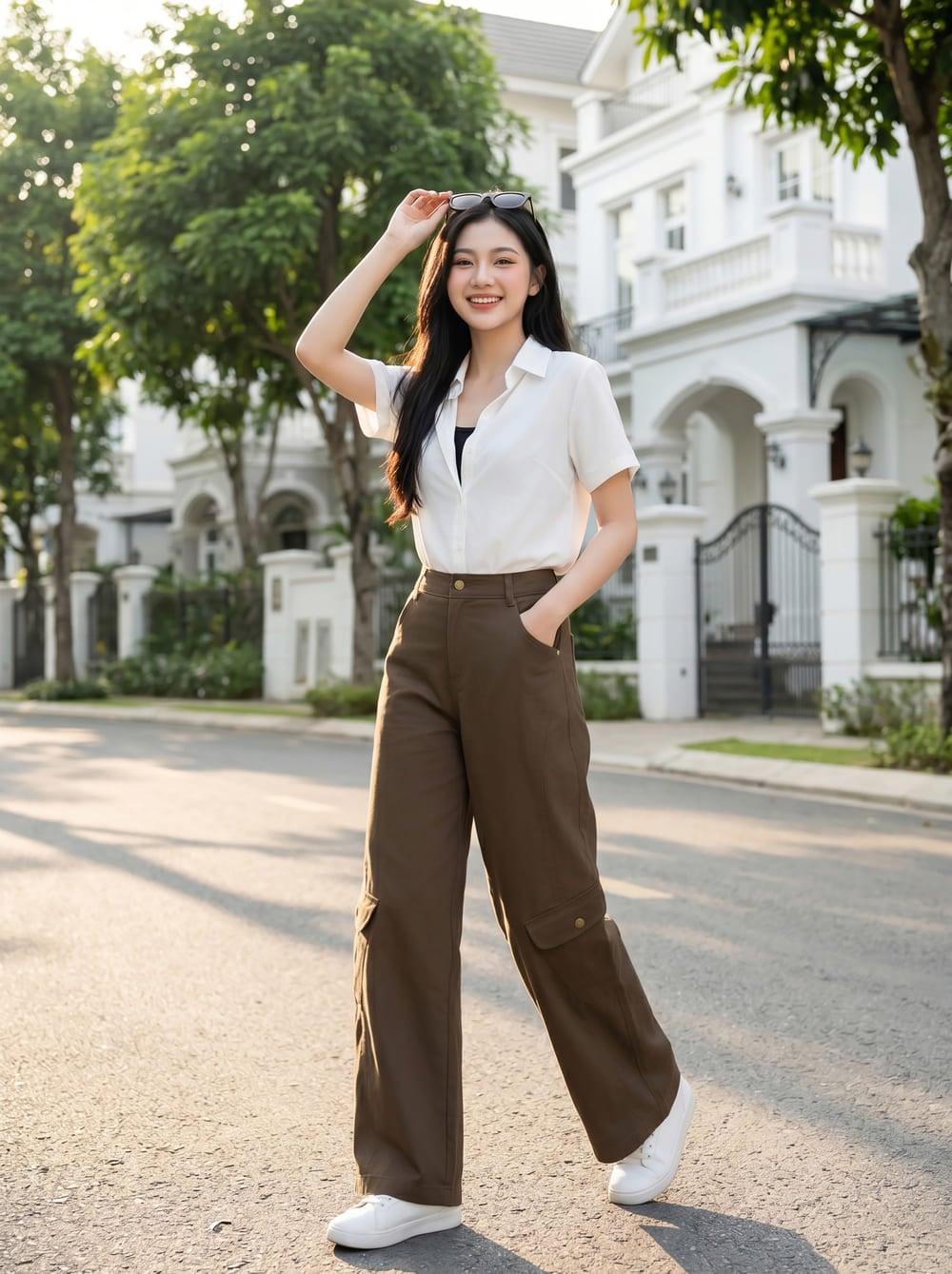 Quần thô vệt kim dáng suông cạp cao túi hộp can sau