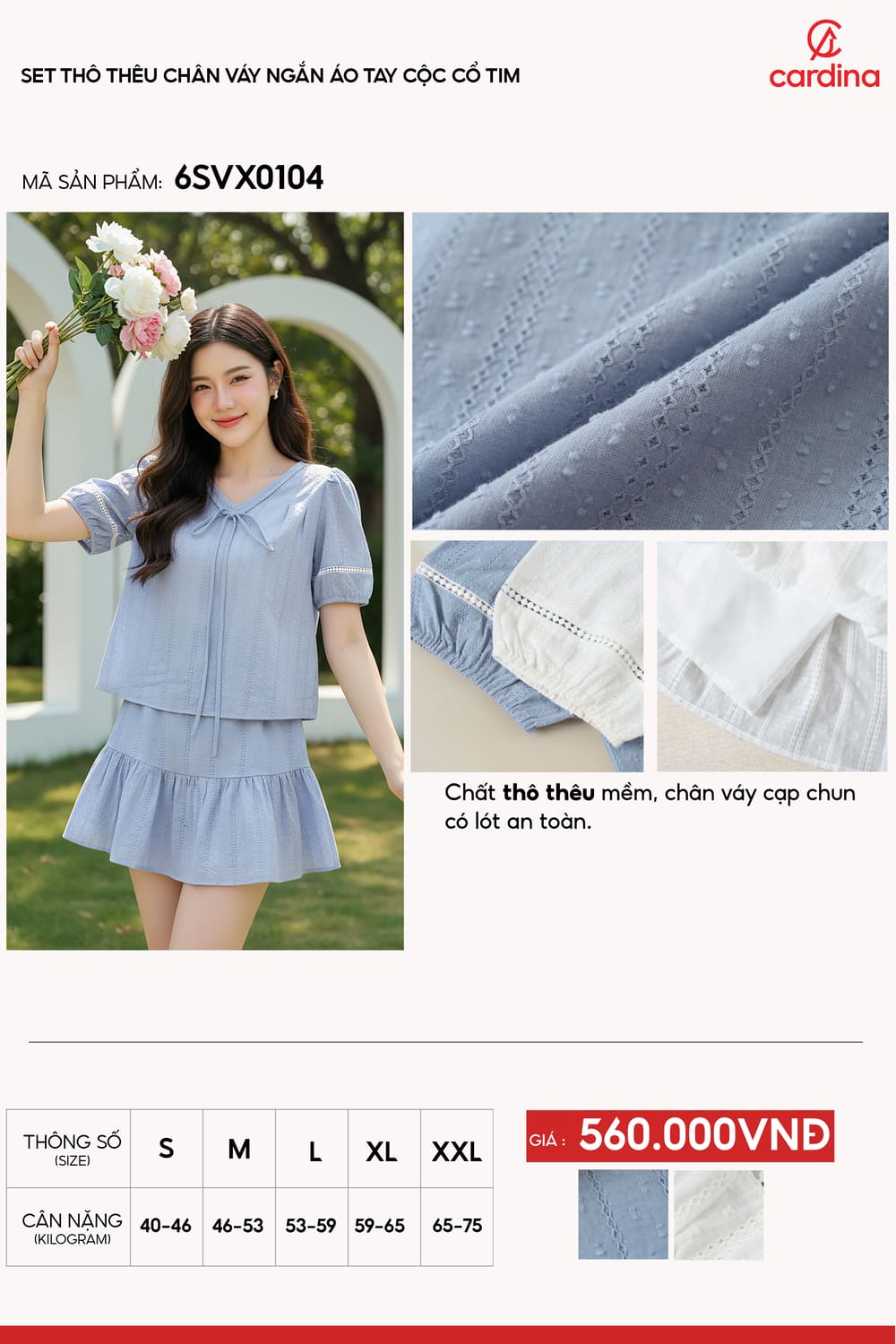 Set chân váy ngắn và áo tay cộc cổ tim vải thô thêu họa tiết.