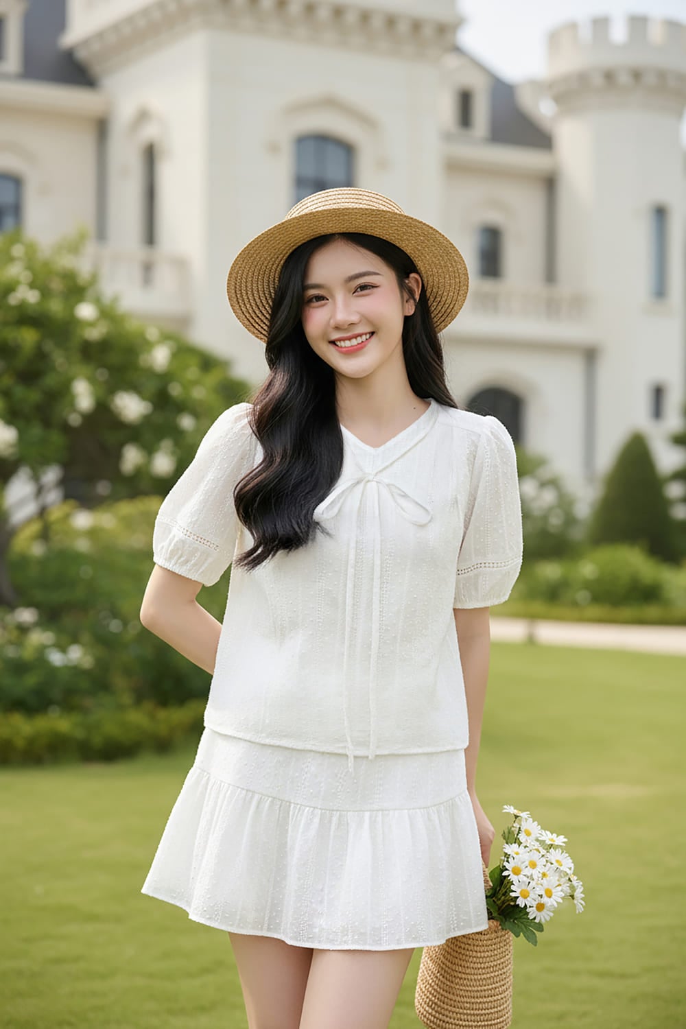 Set chân váy ngắn và áo tay cộc cổ tim vải thô thêu họa tiết.