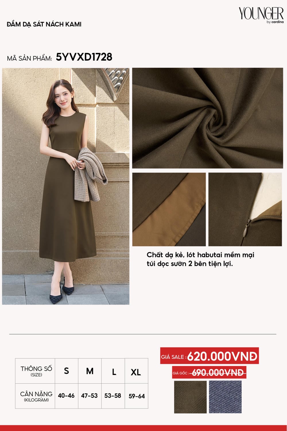 Đầm dạ kẻ sát nách Kami dáng A túi dọc sườn