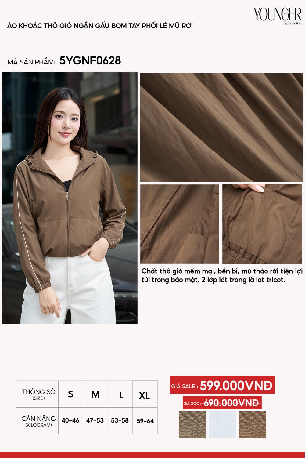 Áo khoác thô gió nữ dáng ngắn gấu bo phối lé có mũ rời