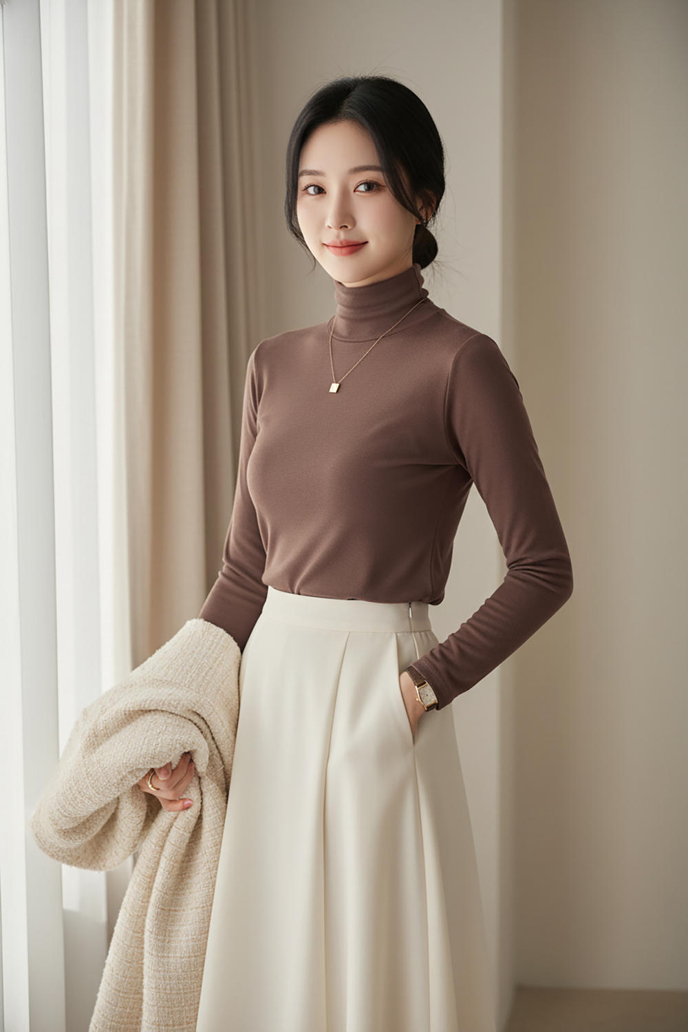 Áo giữ nhiệt nỉ lót lông cừu dài tay cổ lọ ấm áp