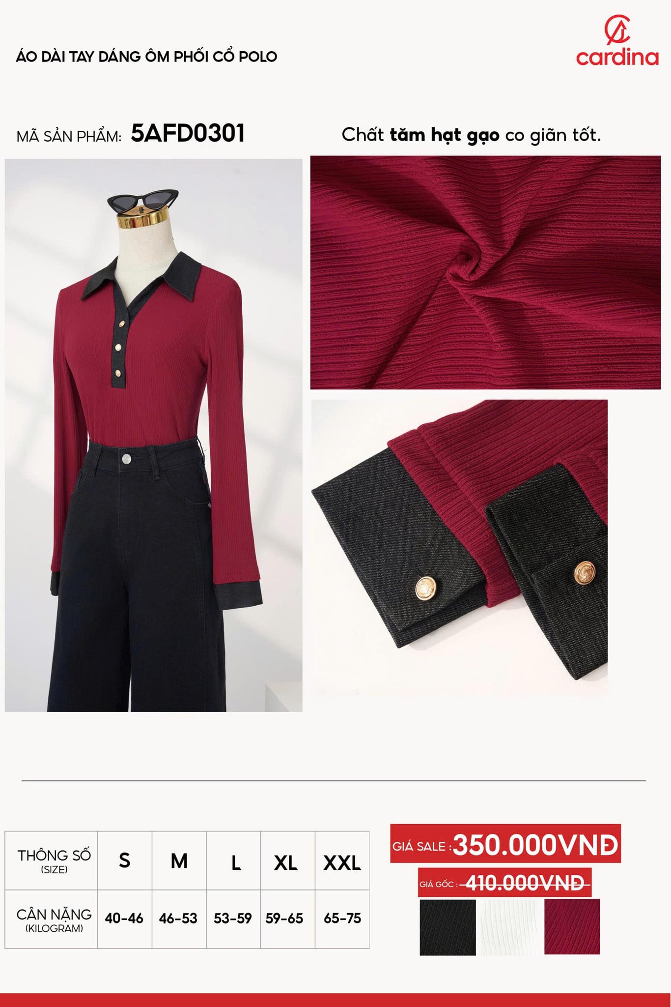 Áo thun nữ Cardina dài tay dáng ôm phối cổ polo