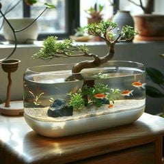 Bể cá mini trên bàn làm việc - góc thư giãn giúp giảm stress mỗi ngày.